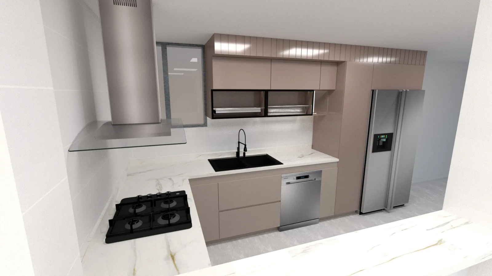Render de cocina compacta con muebles claros, campana y nevera