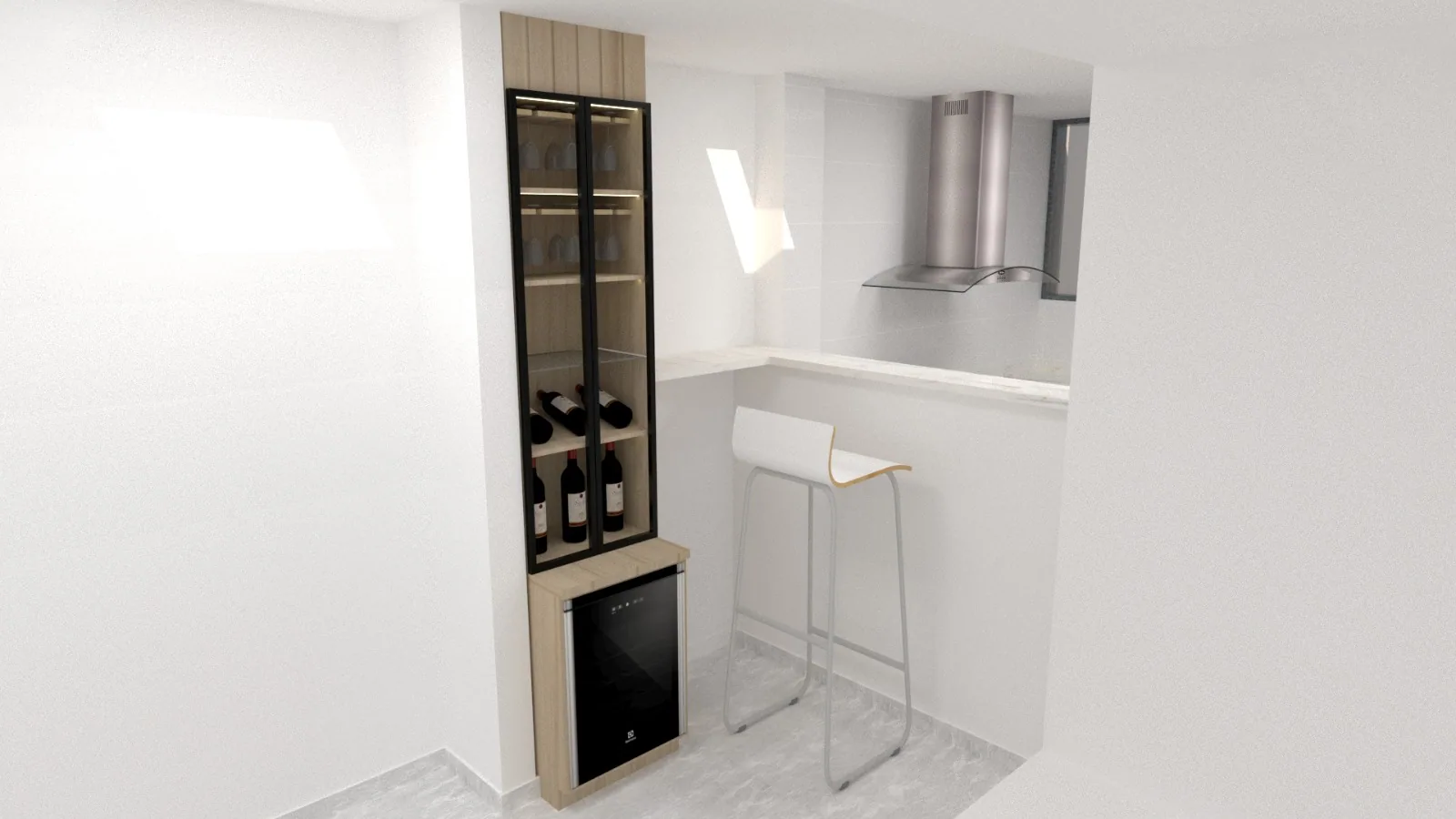 Render de barra blanca con vitrina vertical y campana extractora