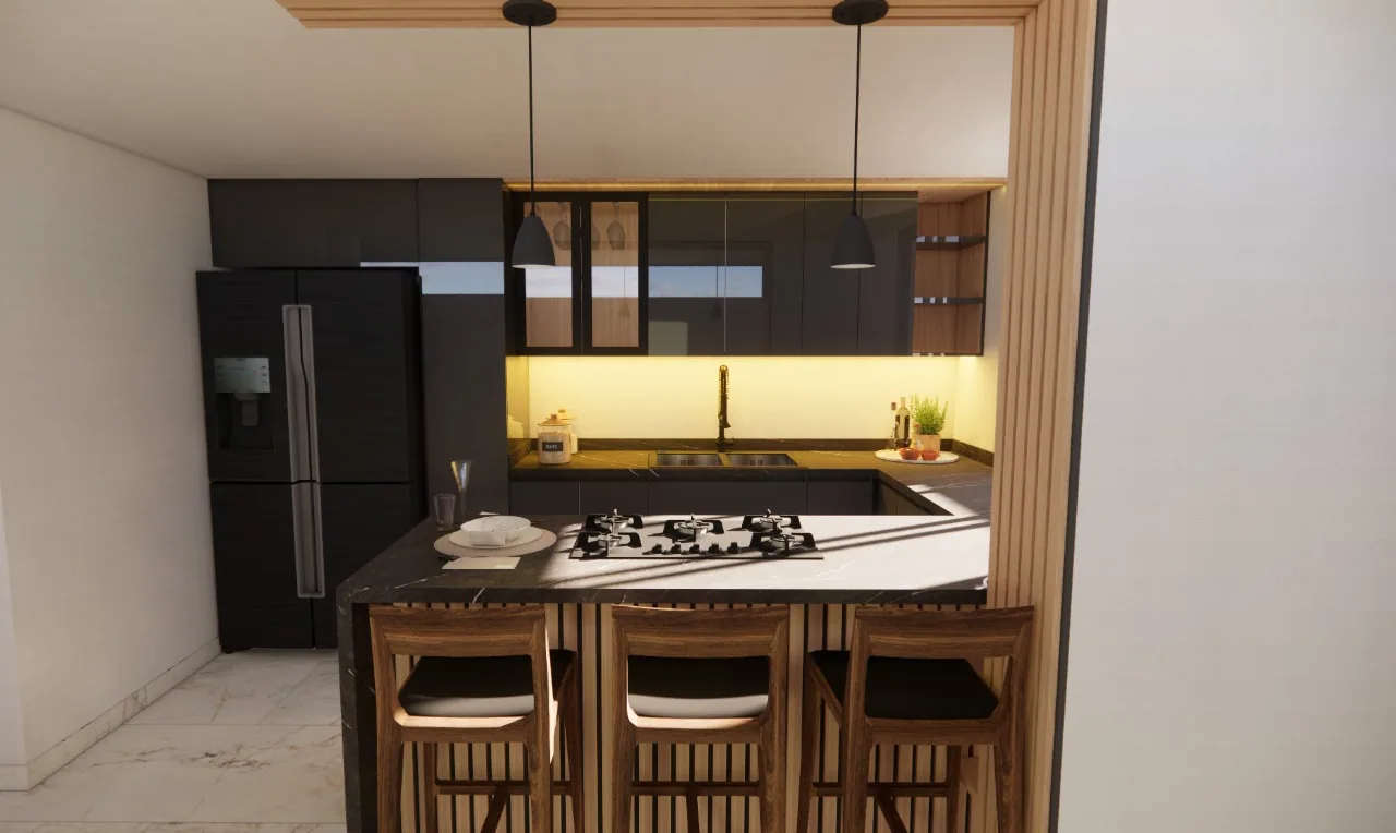 Render de cocina con isla central, sillas altas y luces colgantes