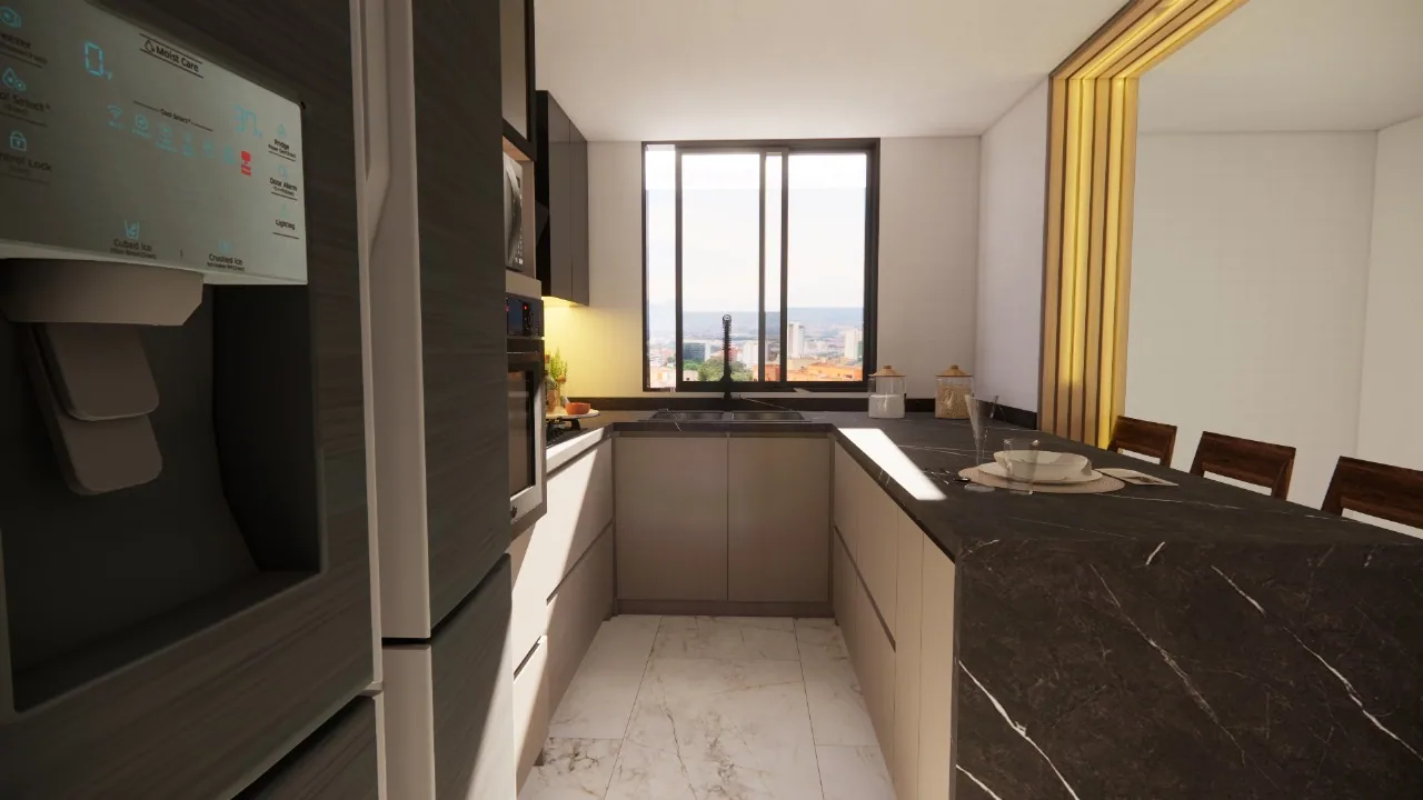 Render de cocina en L con ventana, comedor y muebles oscuros