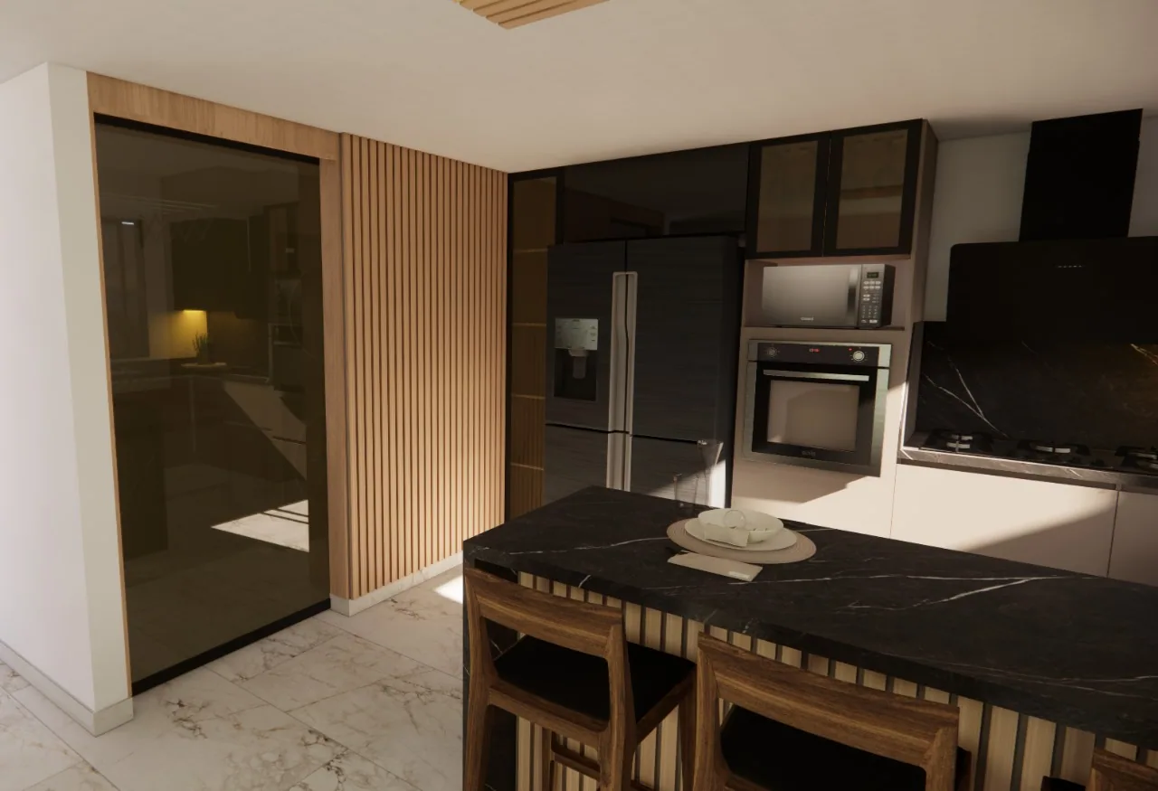 Render de comedor integrado a cocina con mesa oscura y muebles en madera