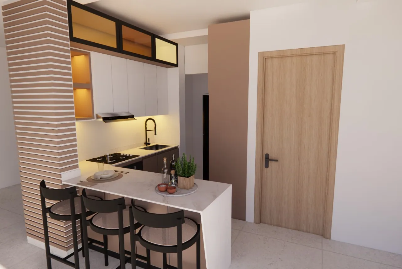 Render de cocina abierta con barra, sillas y puerta en madera clara