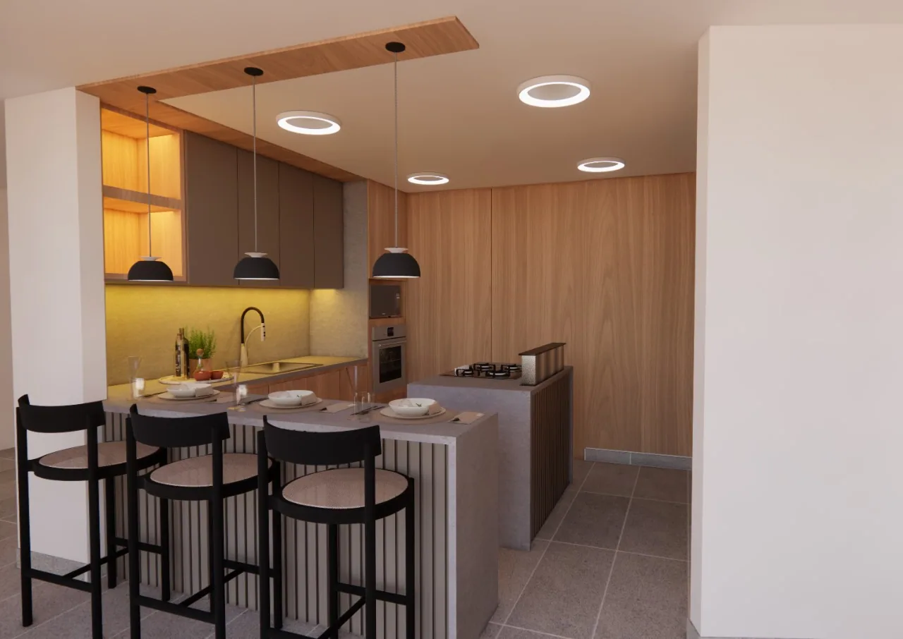 Render de cocina social con isla, sillas altas y plafon en madera