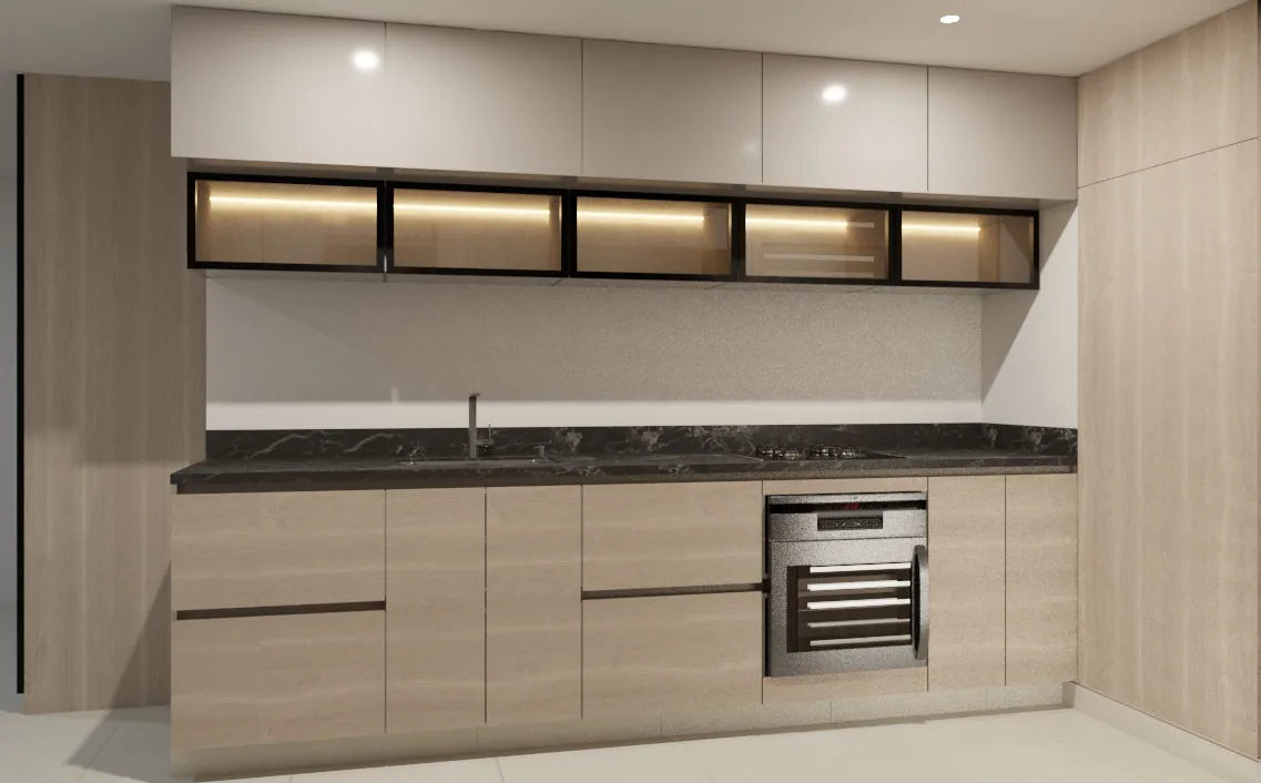 Render de cocina lineal con muebles superiores iluminados y meson oscuro